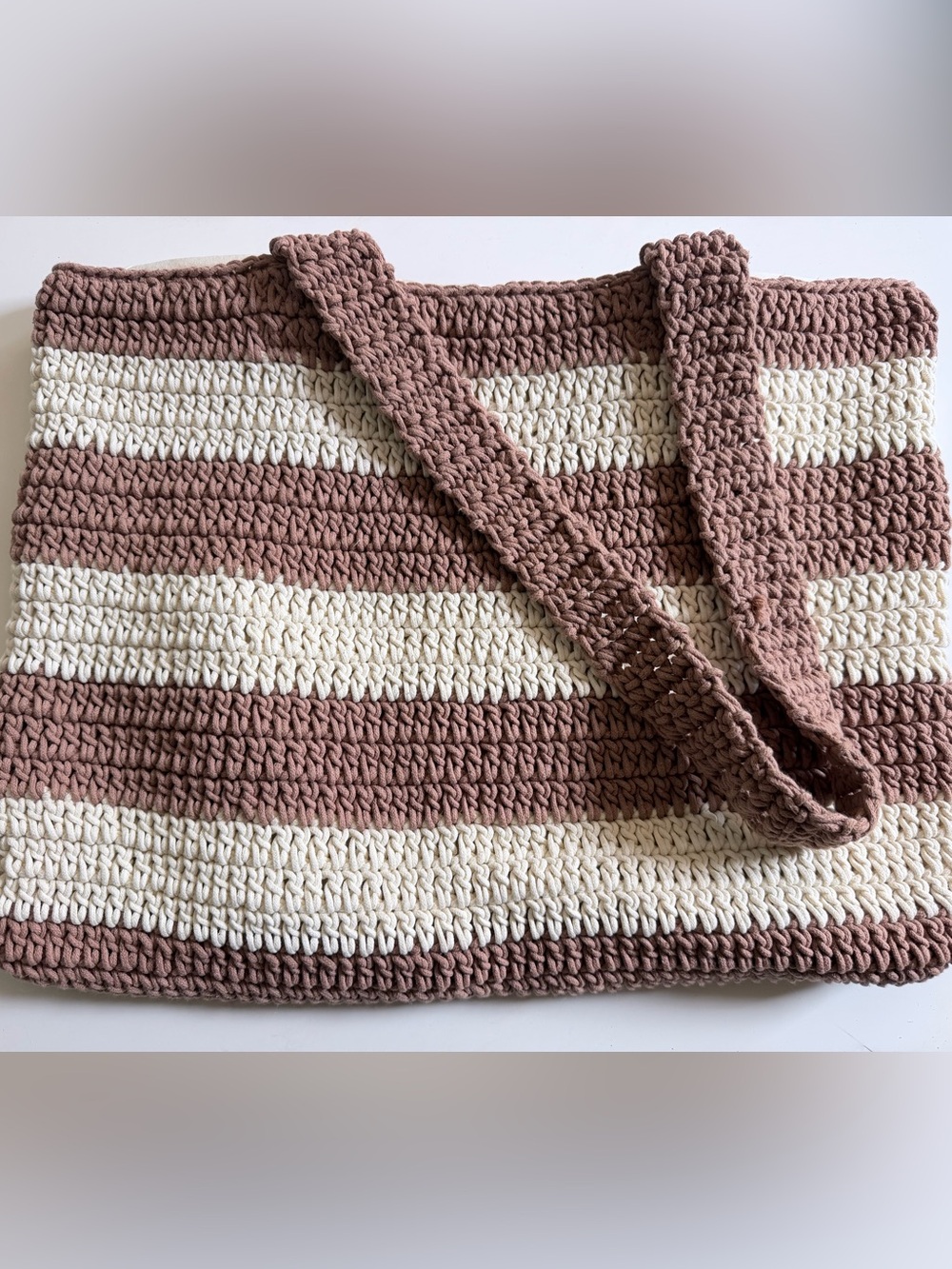 A New Day Striped Crochet Knit Tote Bag Brown and Cream